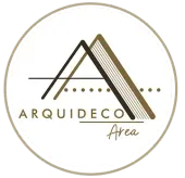 Logotipo de Arquideco Area: forma geométrica de montaña, líneas, puntos y texto dentro de un círculo.
