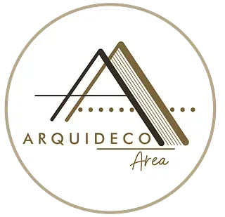 Logotipo de Arquideco Area: forma geométrica de montaña, líneas, puntos y texto dentro de un círculo.