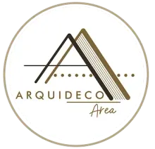 Logotipo de Arquideco Area: forma geométrica de montaña, líneas, puntos y texto dentro de un círculo.