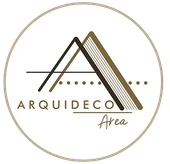 Logotipo de Arquideco Area: forma geométrica de montaña, líneas, puntos y texto dentro de un círculo.