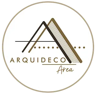 Logotipo de Arquideco Area: forma geométrica de montaña, líneas, puntos y texto dentro de un círculo.