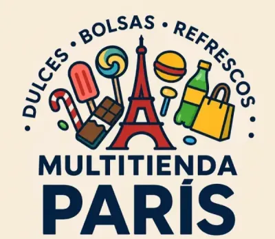 Logo de Multitienda Par&iacute;s con iconos de compras y la Torre Eiffel en colores rojo, azul, amarillo y verde