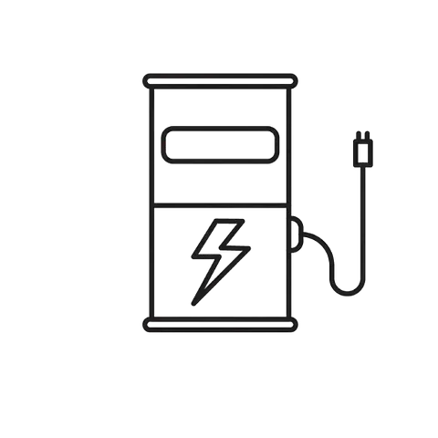 Estación de carga de vehículos eléctricos con símbolo de rayo y cable de carga.