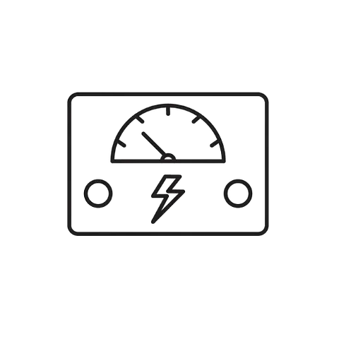 Medidor eléctrico con calibre, círculos y símbolo de rayo.