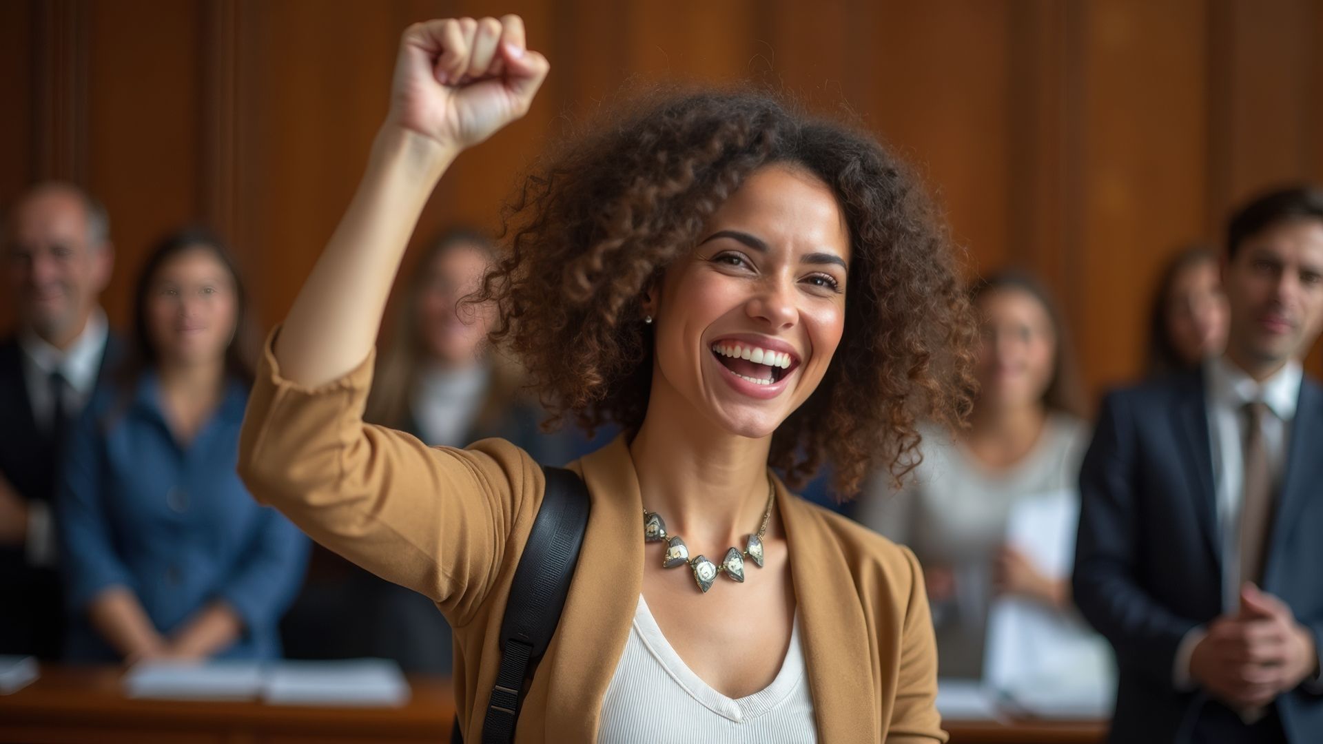 Une femme aux cheveux bouclés sourit le poing levé