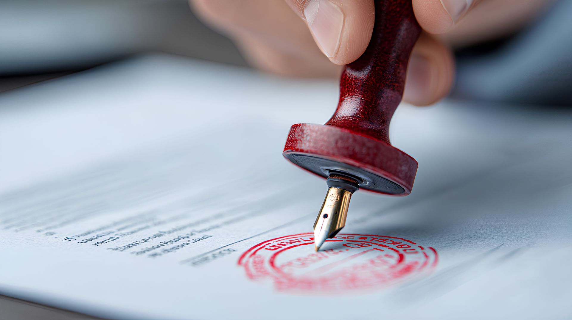 Gros plan d'une main utilisant un tampon rouge sur un document juridique