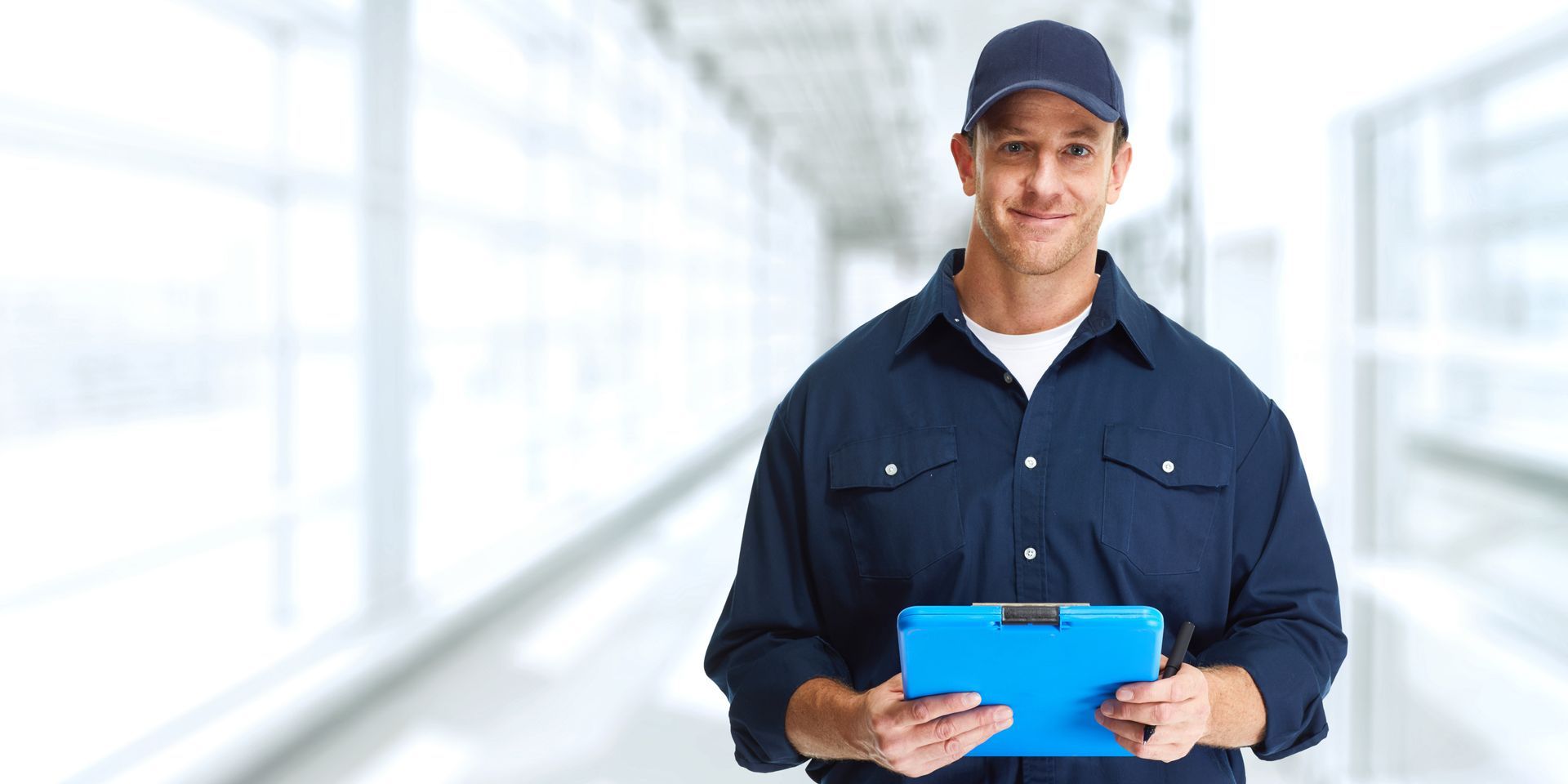 Technicien souriant tenant un bloc-notes bleu