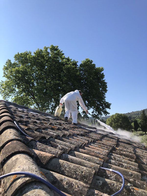 Un technicien qui vaporise du produit sur une toiture