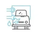 Dibujo lineal de un coche siendo lavado con agua a presión y burbujas de jabón en azul y blanco.