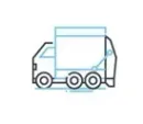 Esquema sencillo de un icono de camión de carga azul con tres ruedas y una caja de carga cuadrada.
