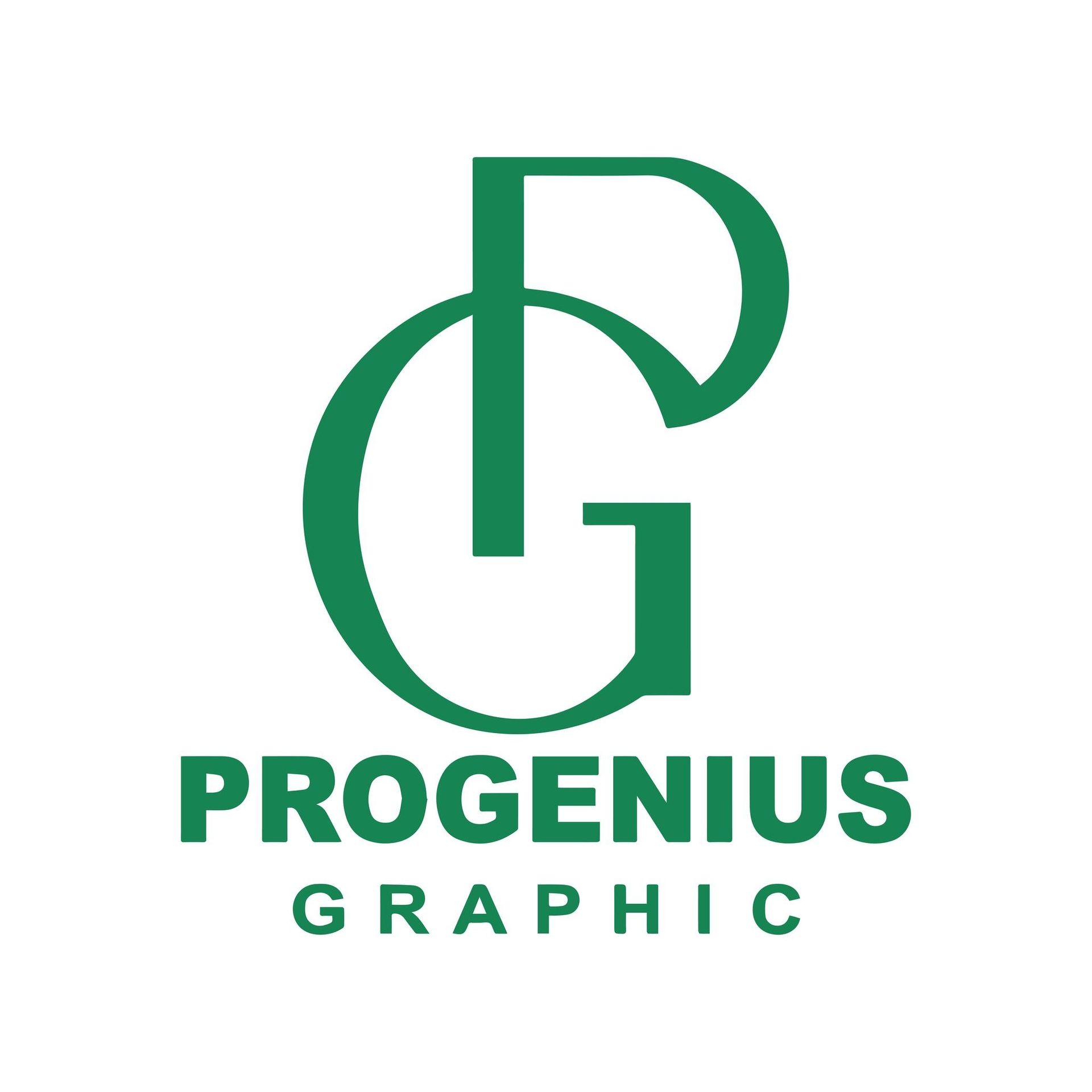 Logotipo PG verde acima das palavras &ldquo;PROGENIUS GRAPHIC&rdquo; em verde sobre fundo branco.