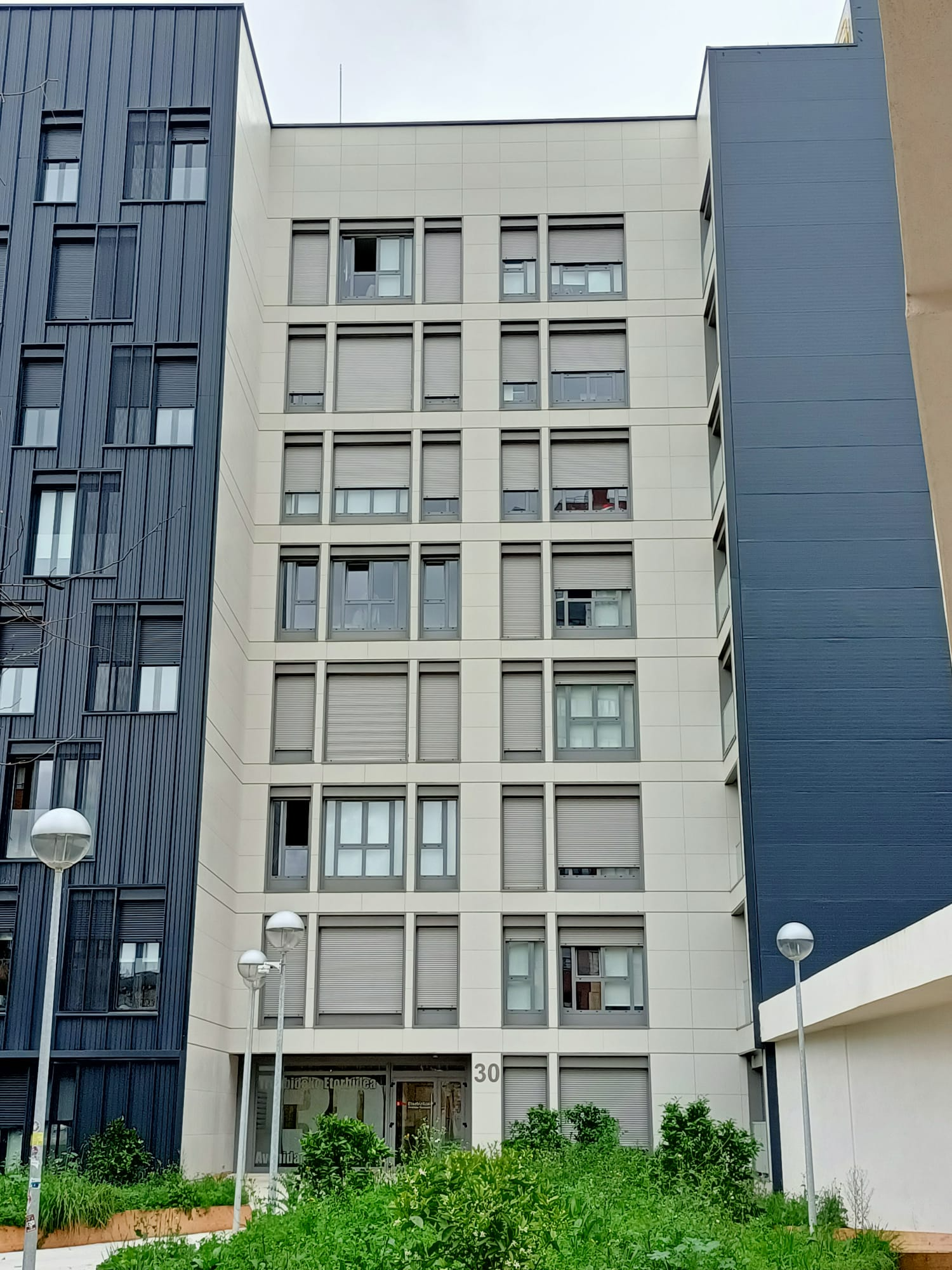 Un edificio alto con muchas ventanas está rodeado de árboles.