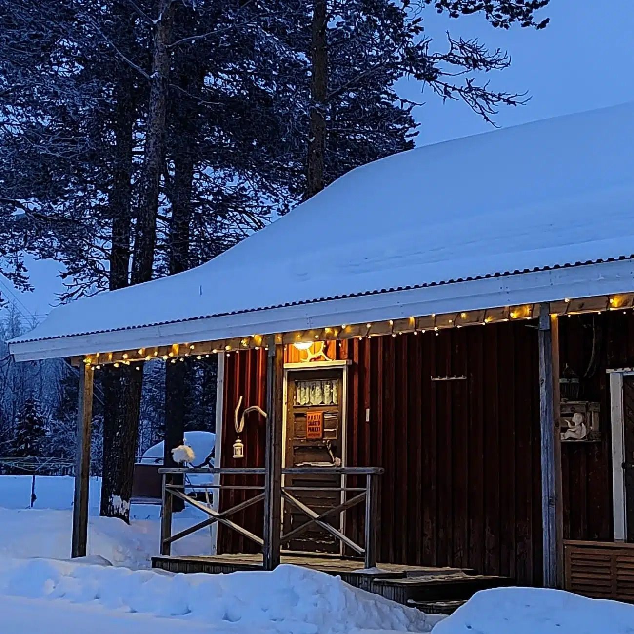 Luminen puinen mökki hämärässä, valaistu kuisti hehkuu lämpimästi korkeiden puiden reunustamana.