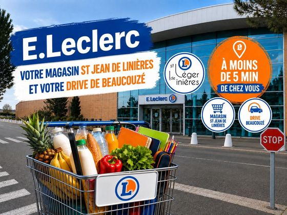 E.Leclerc, votre magasin St-Jean-de-Linières et votre drive de Beaucouzé. Logo Leclerc St-Léger-de-Linières. À moins de 5 min de chez vous. Logo magasin St-Jean-de-Linières, logo Drive Beaucouzé.