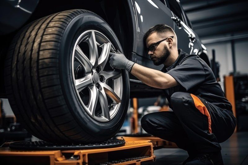 Mekaanikko kiristää auton rengasta nostimessa autotallissa