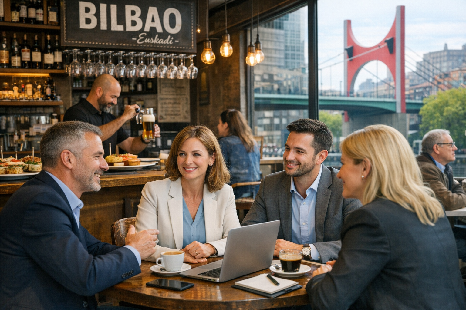Empresarios charlando en la mesa de un café bajo un letrero de Bilbao, con un puente visible a través de la ventana.