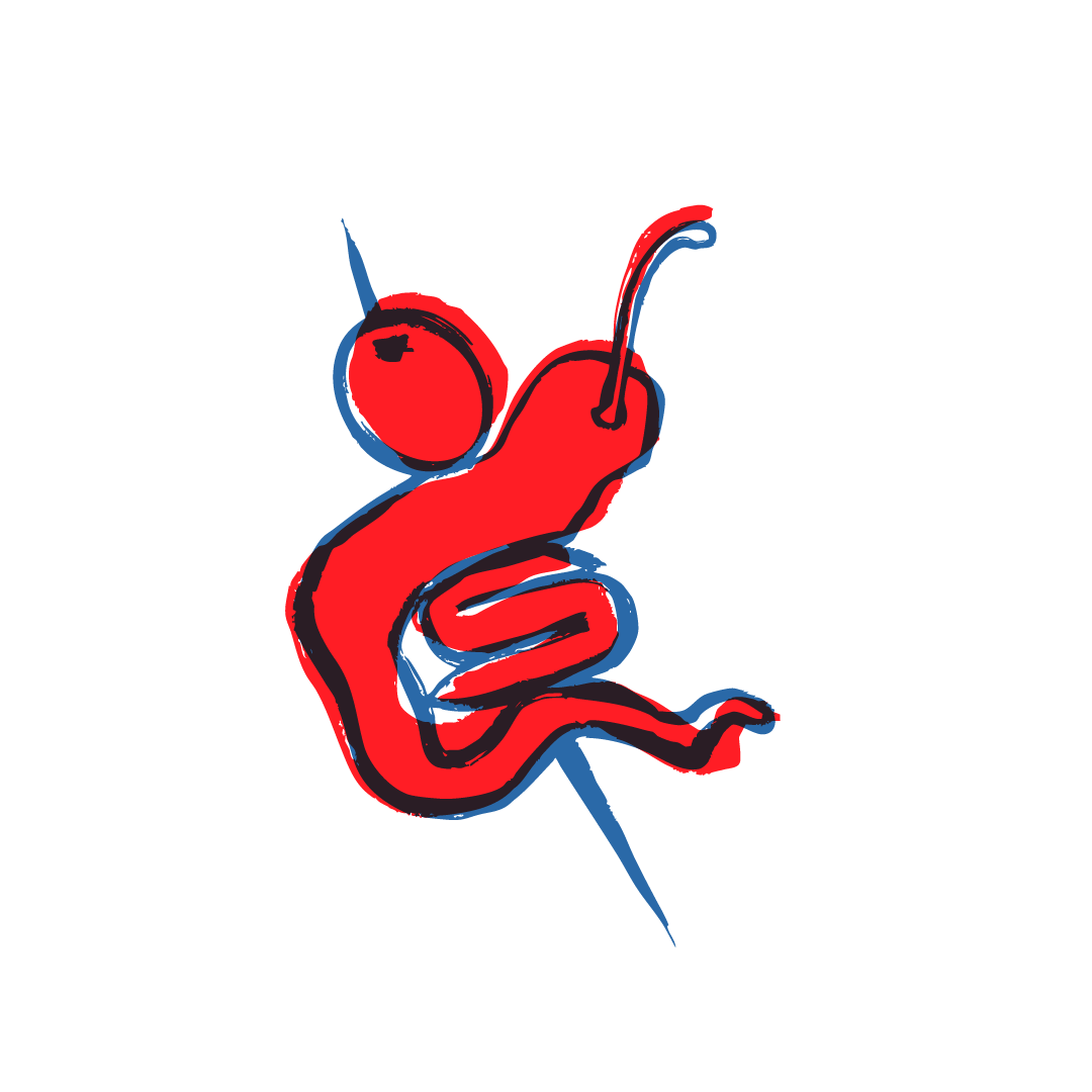 Una cereza roja estilizada, dibujada a mano, con tallo, acentuada por finos contornos y líneas azules, sobre un fondo blanco.