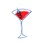 Un boceto de una copa de cóctel llena de líquido rojo y tres aceitunas ensartadas en un palillo, delineadas en azul.