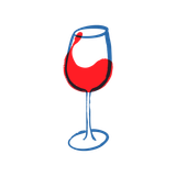 Un boceto a mano alzada de una copa de vino llena de vino tinto, delineada en azul.
