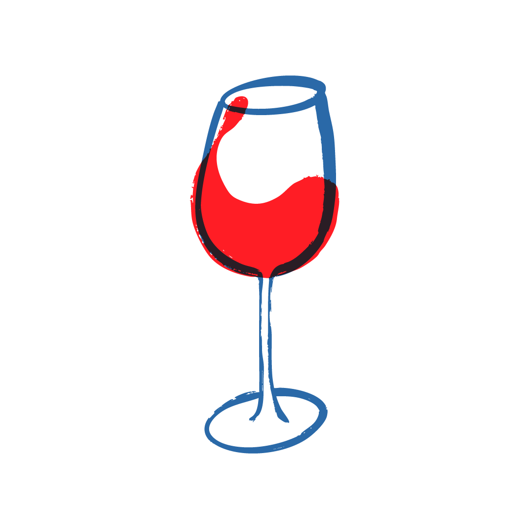 Un boceto a mano alzada de una copa de vino llena de vino tinto, delineada en azul.