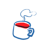 Un sencillo dibujo delineado en azul de una taza blanca llena de líquido rojo, con una fina espiral de vapor que asciende.