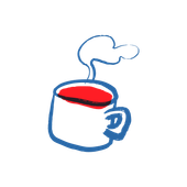 Un sencillo dibujo delineado en azul de una taza blanca llena de líquido rojo, con una fina espiral de vapor que asciende.