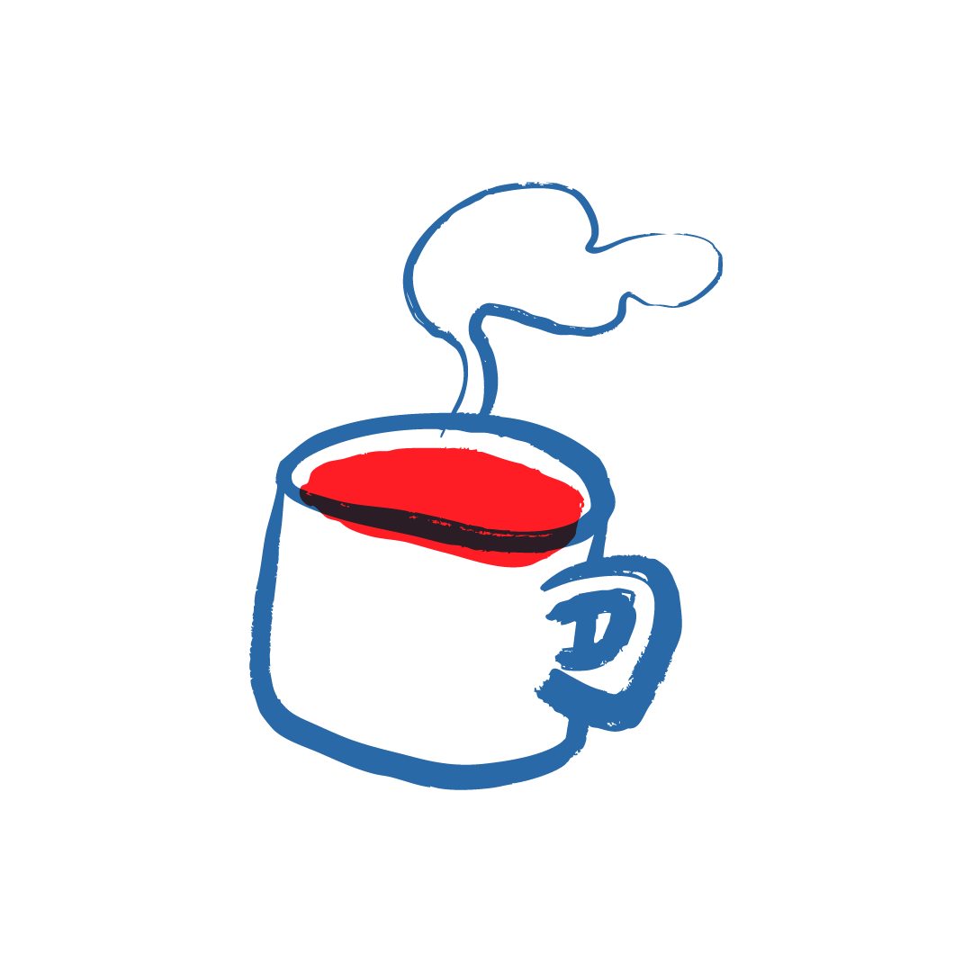 Un sencillo dibujo delineado en azul de una taza blanca llena de líquido rojo, con una fina espiral de vapor que asciende.