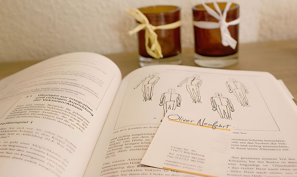 Offenes Buch mit Skizzen, Karte; zwei Kerzenhalter mit Bändern in sanftem Licht.