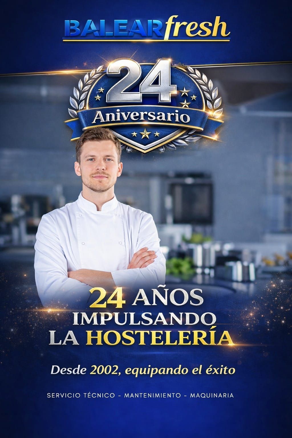 Un chef aparece en una cocina profesional en un anuncio del 24º aniversario de Balear Fresh
