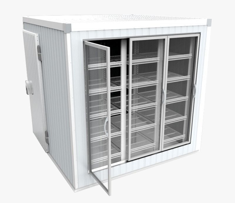 Una cámara frigorífica blanca con puertas de cristal y estantes interiores de alambre.