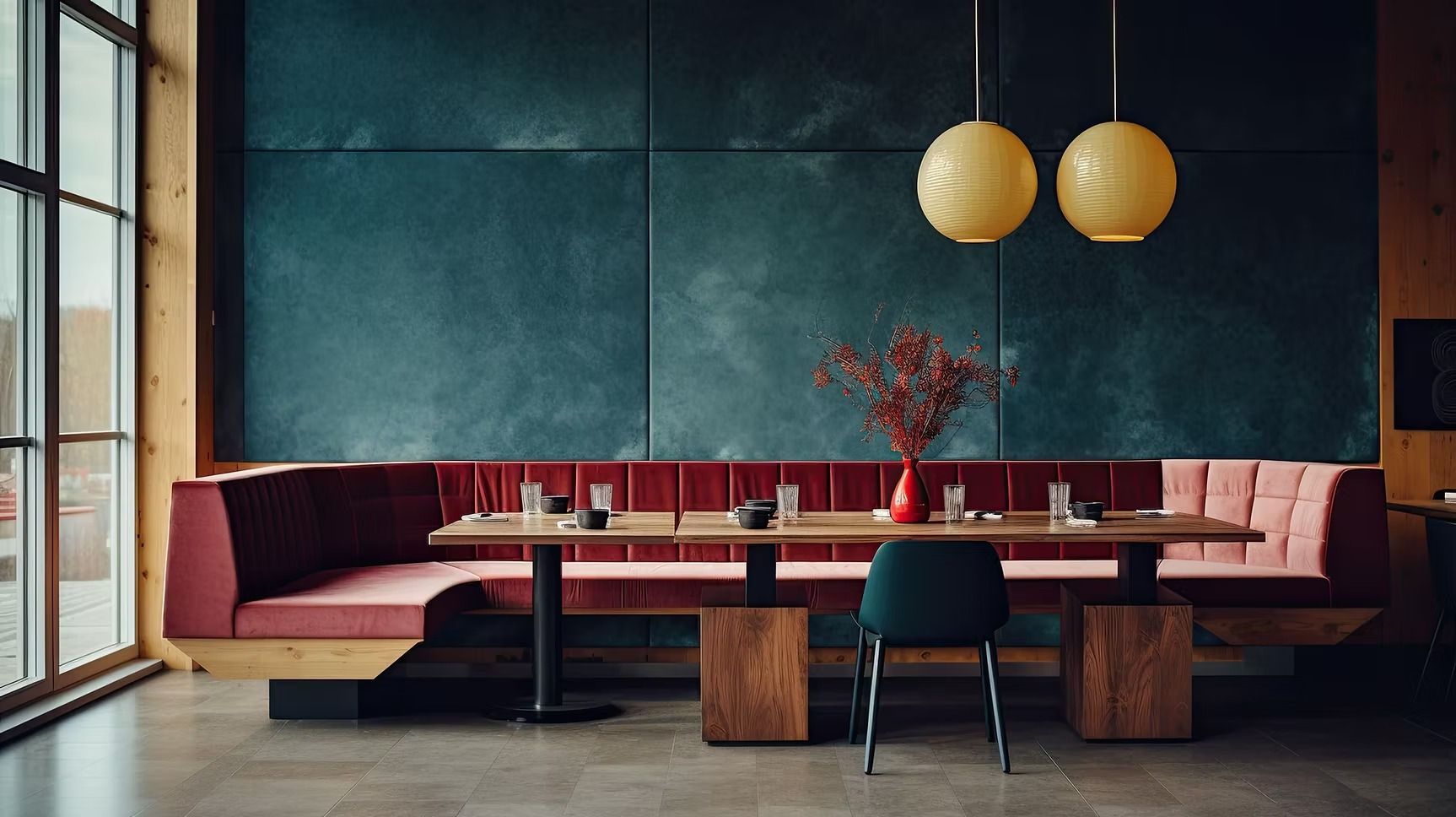 Un rincón para comer con una mesa larga de madera, asientos tipo cabina de color rojo, una silla oscura individual