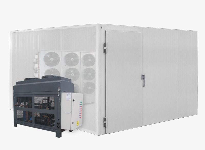 Una gran unidad de almacenamiento en frío industrial de color blanco, con un compresor de refrigeración externo