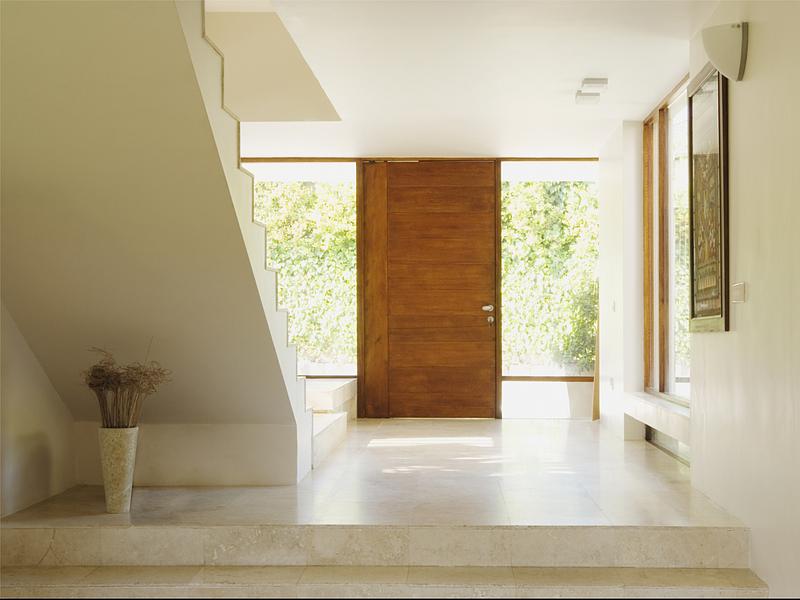 Vue sur le hall d'entrée d'une maison avec porte pleine