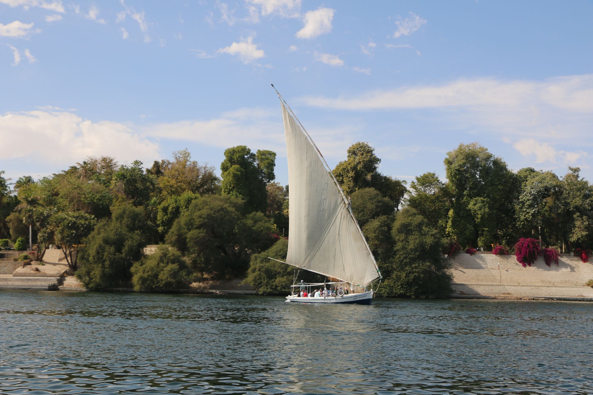 Sailboat on the Nile River, with lush green trees lining the shore, blue sky with wispy clouds.