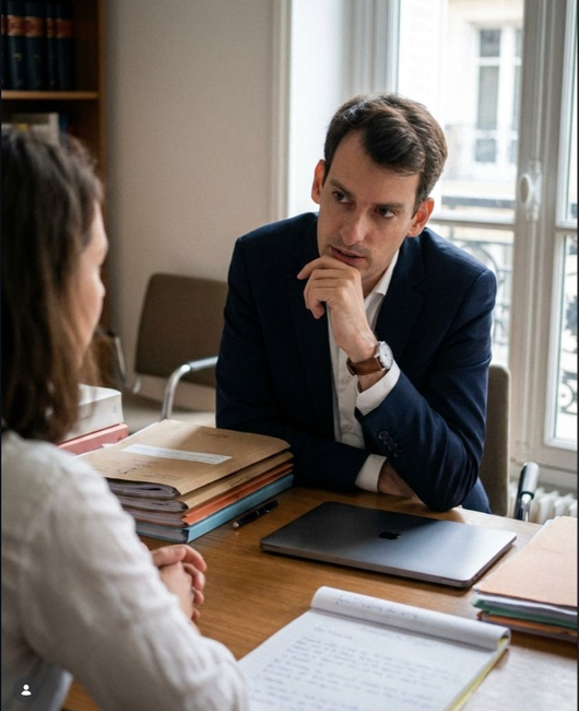 Deux personnes discutent de documents de part et d'autre d'un bureau dans un espace de travail lumineux, avec un ordinateur portable et des dossiers empilés à proximité.
