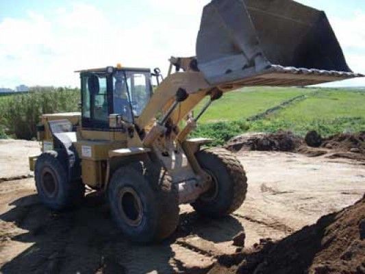 Una excavadora con un cucharón grande está parada en un camino de tierra.