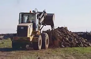 Una excavadora está moviendo una pila de madera en un campo.