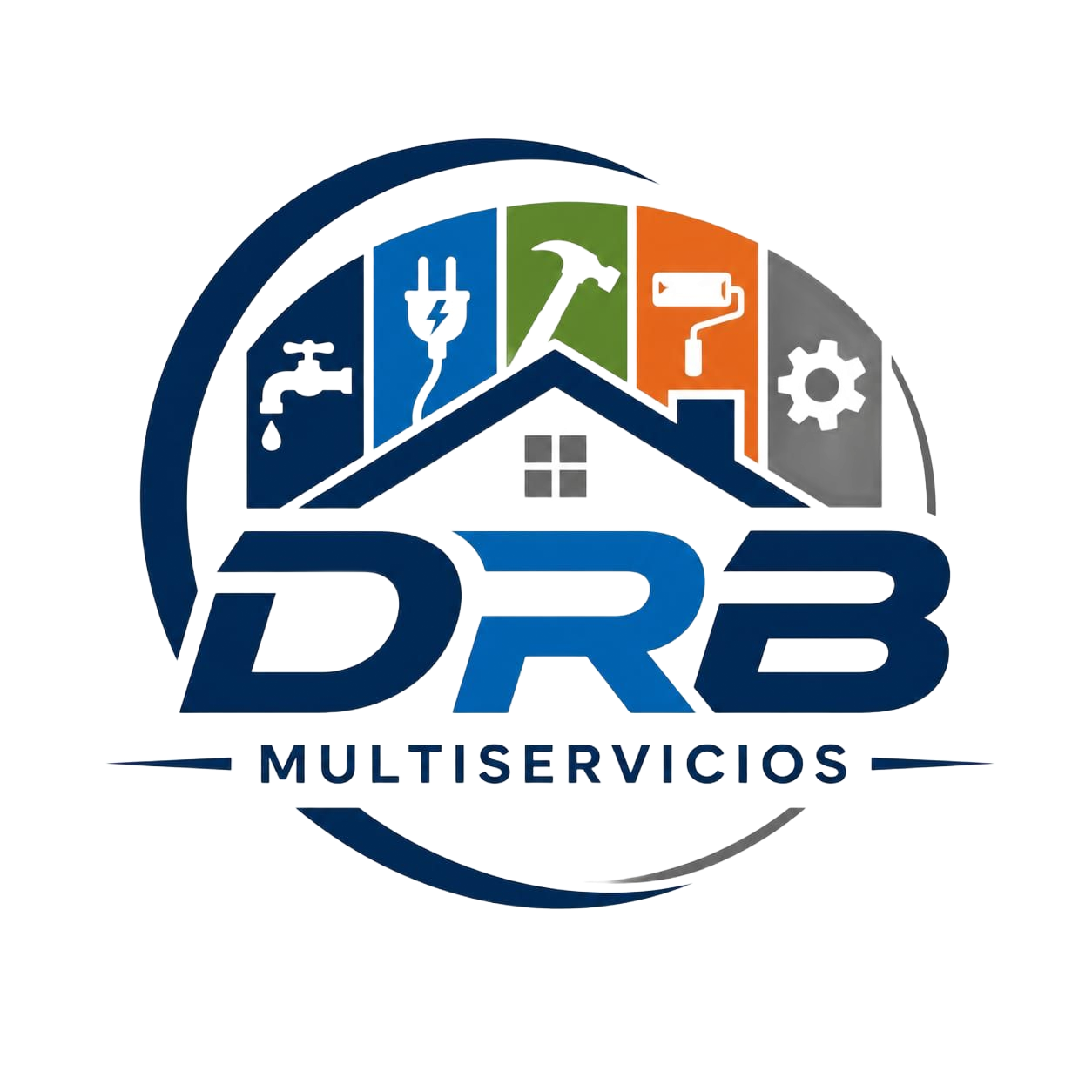 Logotipo de DRB Multiservicios con iconos de una casa, herramientas, un grifo y un engranaje en azul, verde, naranja y gris