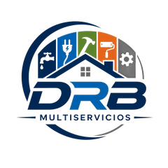 Logotipo de DRB Multiservicios con iconos de una casa, herramientas, un grifo y un engranaje en azul, verde, naranja y gris