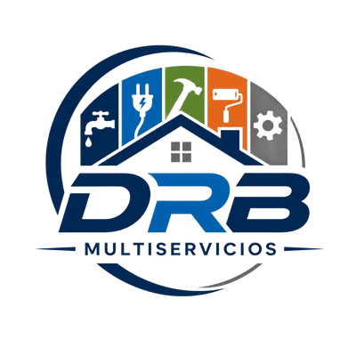 Logotipo de DRB Multiservicios con iconos de una casa, herramientas, un grifo y un engranaje en azul, verde, naranja y gris