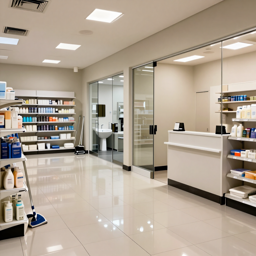 Interior luminoso de una farmacia, con estantes de productos, puertas