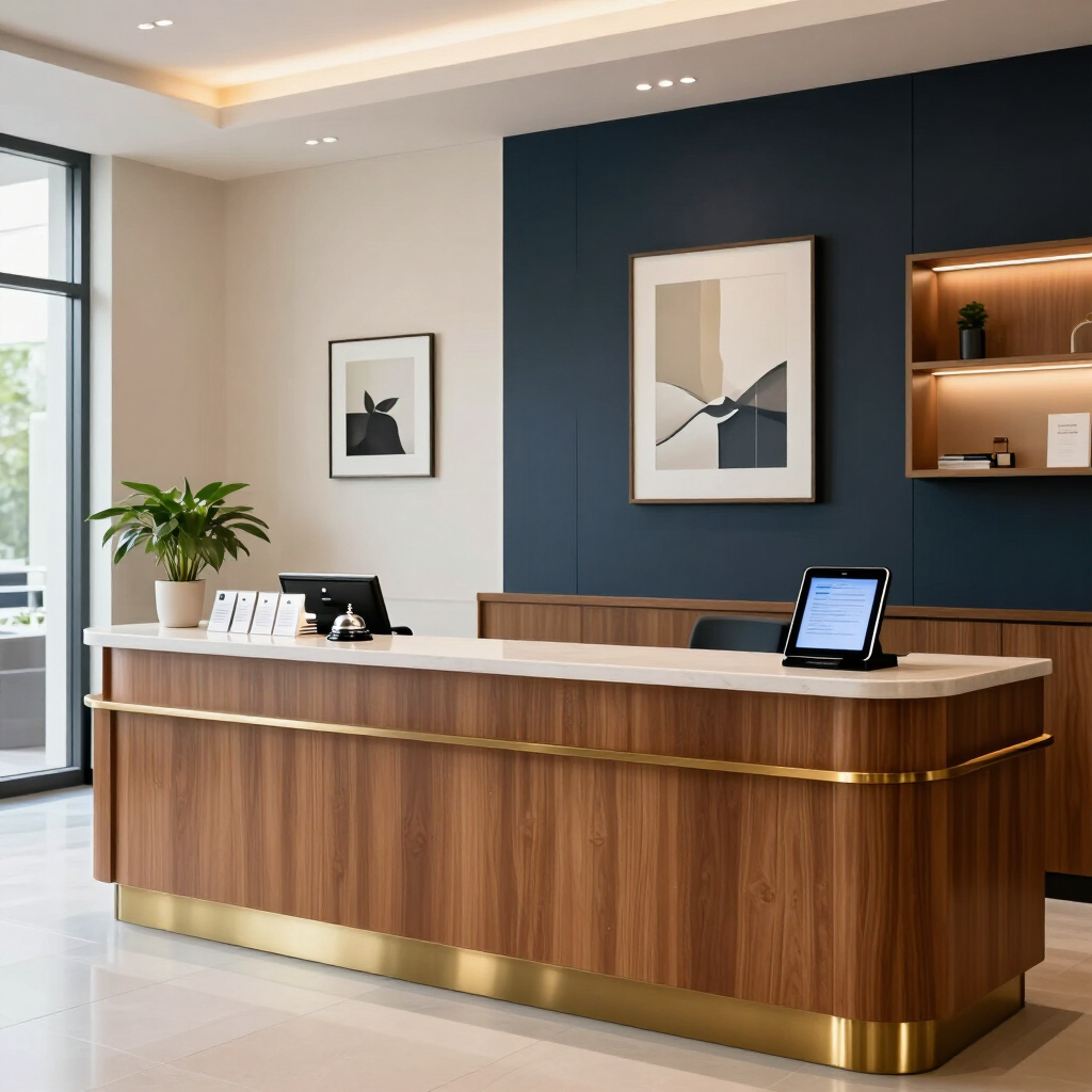 Mostrador de recepción de hotel moderno, con paneles de madera