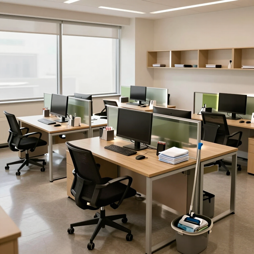 Oficina moderna y tranquila, con escritorios, monitores, sillas de