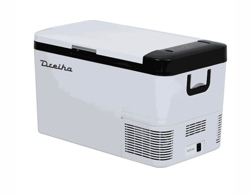 Un enfriador blanco con un asa negra sobre un fondo blanco.