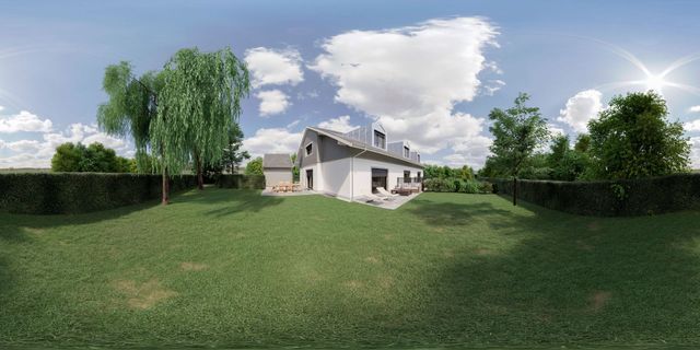 Un rendu 3D d'une maison avec grand espace extérieur