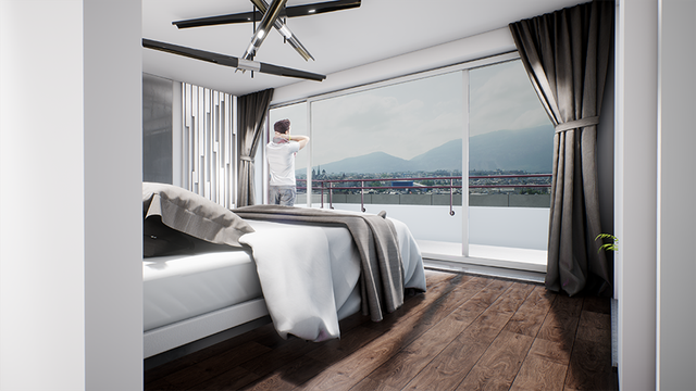 image 3D intérieur - chambre avec vue