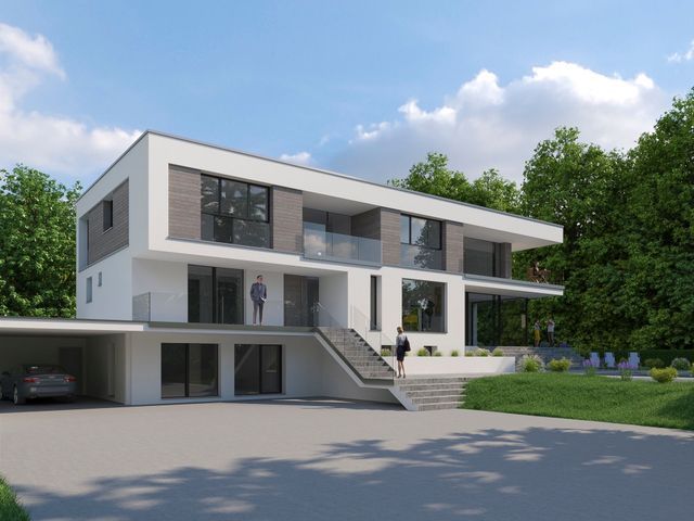 Vue d'artiste d'une maison moderne avec une voiture garée devant.