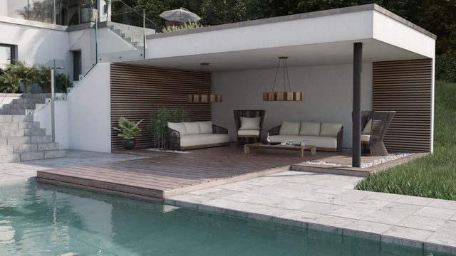 Extérieur avec piscine en image 3D pour projet de construction de villas