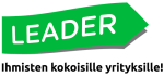 Green banner reading “LEADER” with Finnish text “Ihmisten kokoisille yrityksille!”