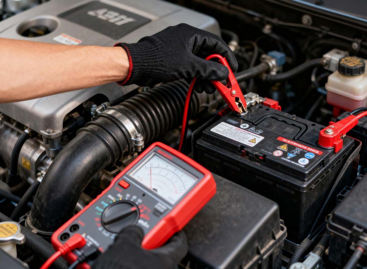 Mecánico arrancando la batería del coche en el compartimento del motor con cables de arranque rojos y un multímetro.